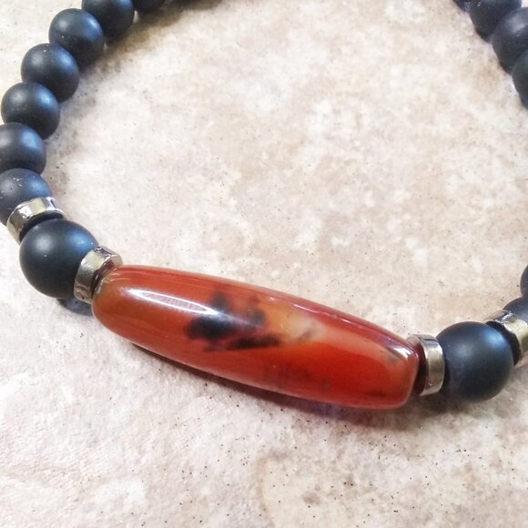 Deep Orange Russet Agate Column- Elastic Stretch Bracelet - fits 6-7" Wrist - Picture 2 of 7